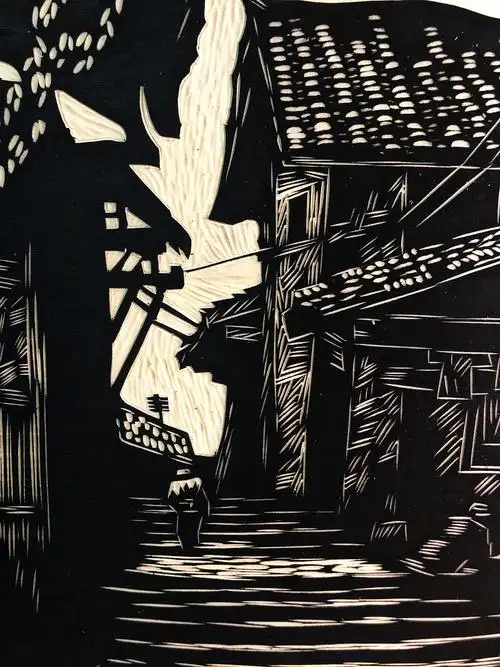 手工雕刻风景黑白木刻版画