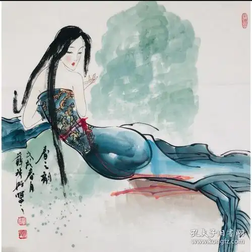 著名仕女画家薛林兴仕女图国画作品春之韵
