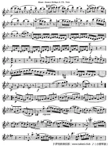 莫扎特小提琴奏鸣曲降b大调-k.378-提琴谱