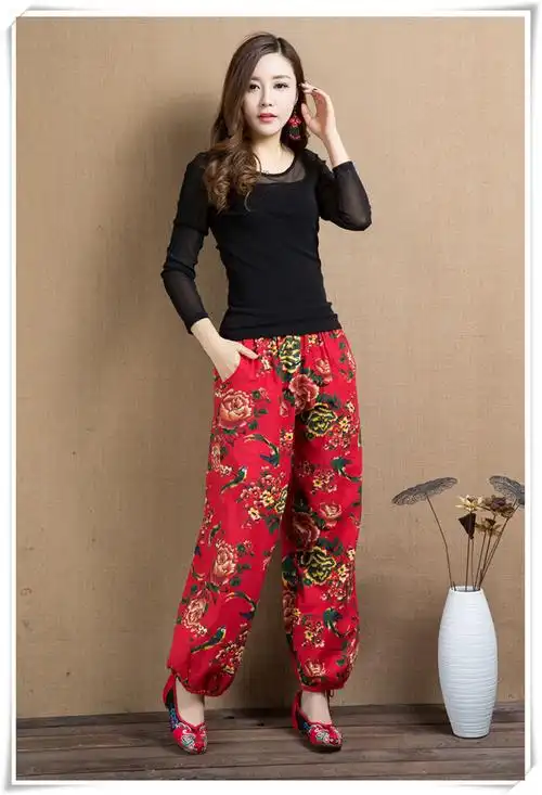 花裤子女夏季长裤灯笼裤哈伦裤士薄款广场舞服装裤东北大花民族风裤子