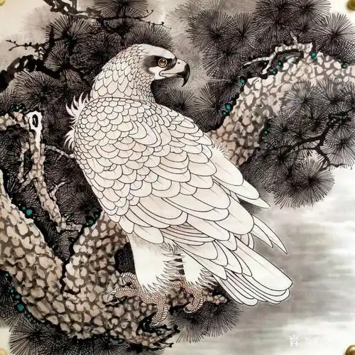 谷风国画作品《白毛鹰》