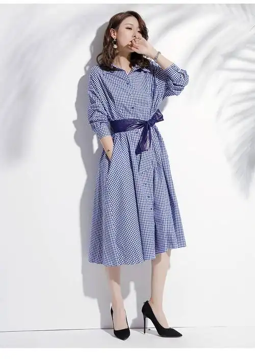 施悦名2018秋季新款品牌女装时尚休闲长袖格子衬衫领中长a字裙连衣裙