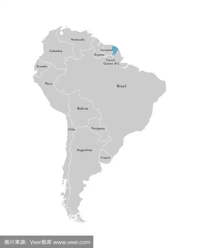 矢量插图与简化地图的南美洲大陆与蓝色等高线法属圭亚那.