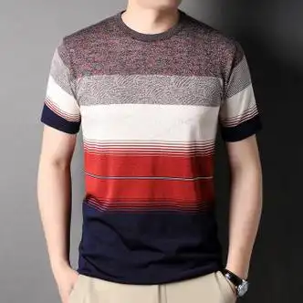 mayor雅戈尔男士短袖t恤条纹潮流圆领半袖冰丝滑料爸爸夏季上衣速干体