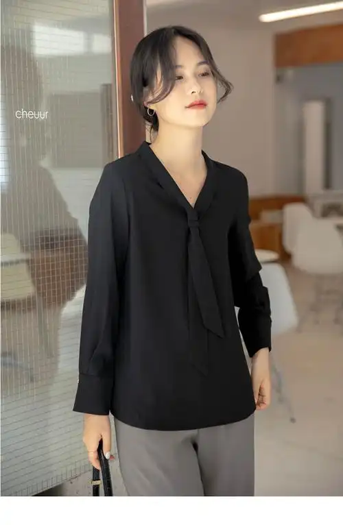 拉夏贝尔雪纺衬衫女春秋黑色长袖洋气领带衬衣女夏装百搭长袖v领气质