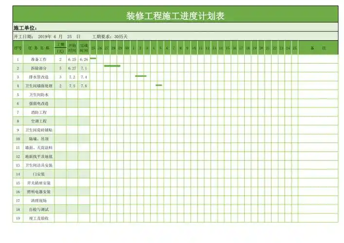 装修工程施工进度计划表excel模板