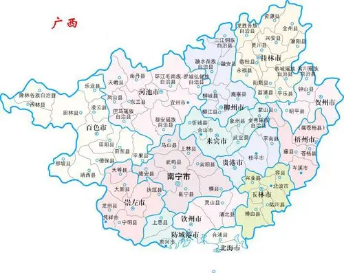 中国广西地图 南宁市柳州市桂林市梧州市北海市钦州市防城港市百色市