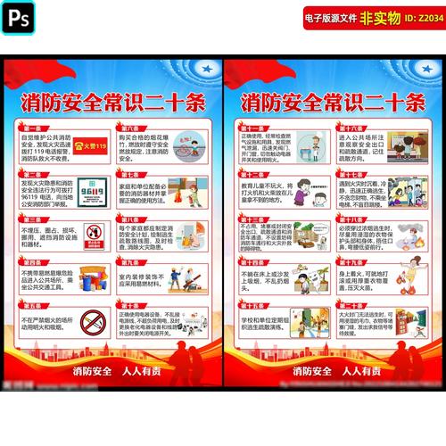 消防安全常识二十条海报展板社区消防宣传栏漫画119消防日漫画