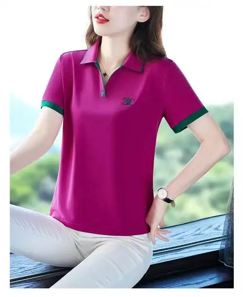 纯棉夏装polo衫t恤女夏季新款翻领短袖大码运动休闲有领女士上衣 - 17
