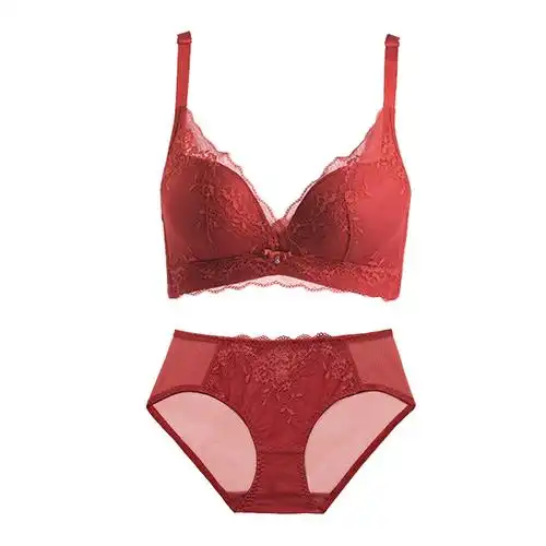 都市丽人无钢圈红色性感蕾丝内衣蜂窝透气聚拢胸罩文胸套装2b0522