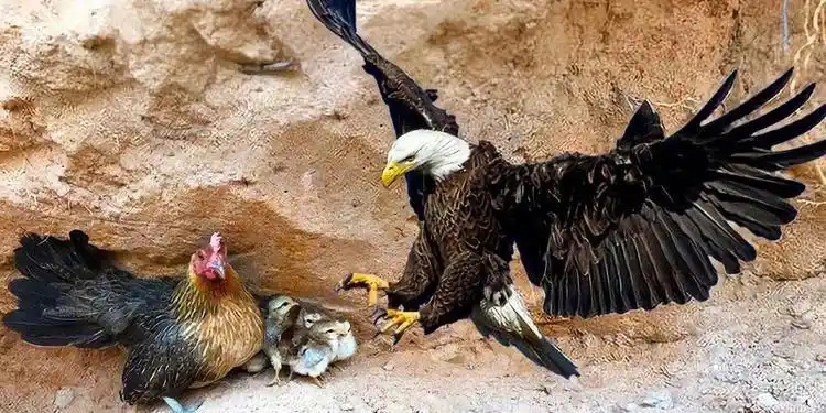 老鹰想捕食小鸡,母鸡以命相搏护幼崽,镜头拍下全过程