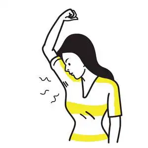 矢量插画特征的女人嗅闻闻她难闻的臭湿腋下.不良情绪表情的表情.