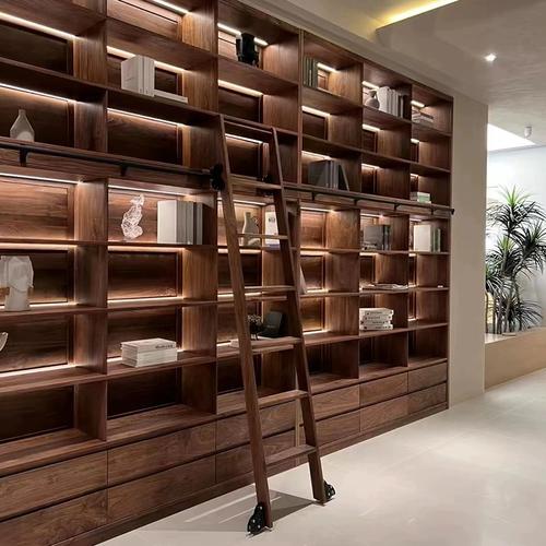 黑胡桃满墙书架带灯日式实木格子架一体落地整体书橱柜定制—组合书柜