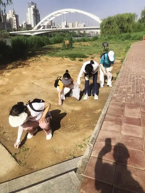 组织开展"公益会"活动,会员们手拿塑料袋,仔细捡拾烟头及黄河边的垃圾