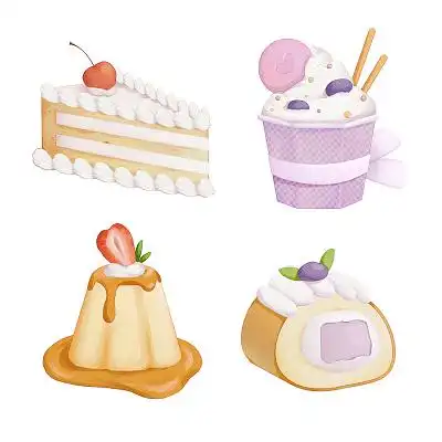 水彩卡通手绘草莓纸杯蛋糕毛巾卷布丁甜点点心美食png素材甜品元素