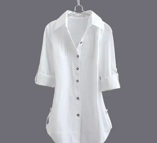 纯棉大码白衬衫中长款显瘦修身长袖纯棉衬衫女
