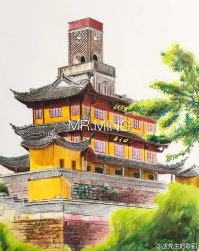 原创作品:手绘彩铅城市景点系列作者:@应先生ying