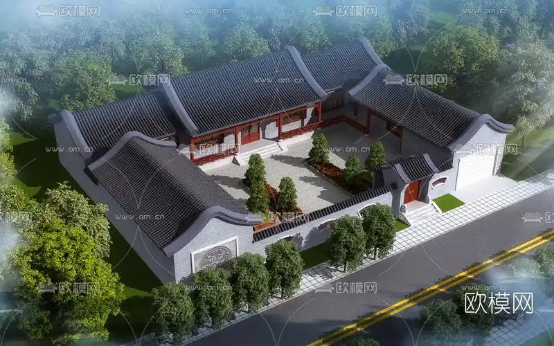中式古建四合院鸟瞰3d模型
