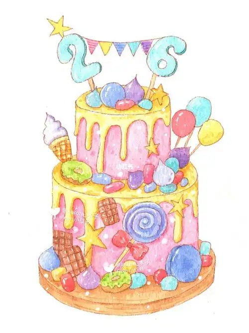 钢笔淡彩可爱生日蛋糕过程图