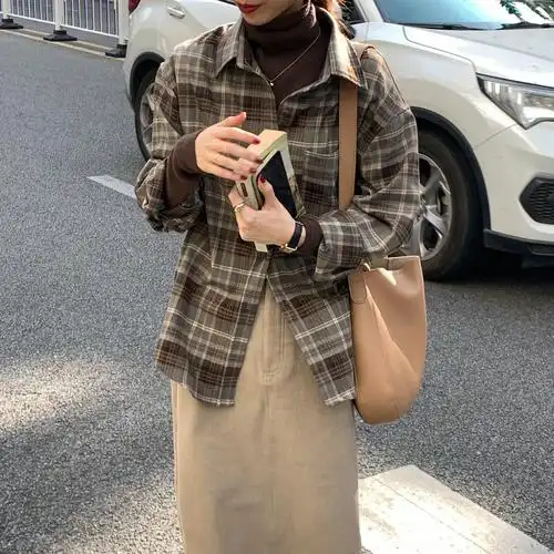 磨毛格子衬衫女宽松