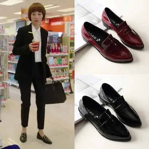 我的前半生袁泉唐晶同款小皮鞋女英伦风尖头漆皮中跟粗跟黑色单鞋