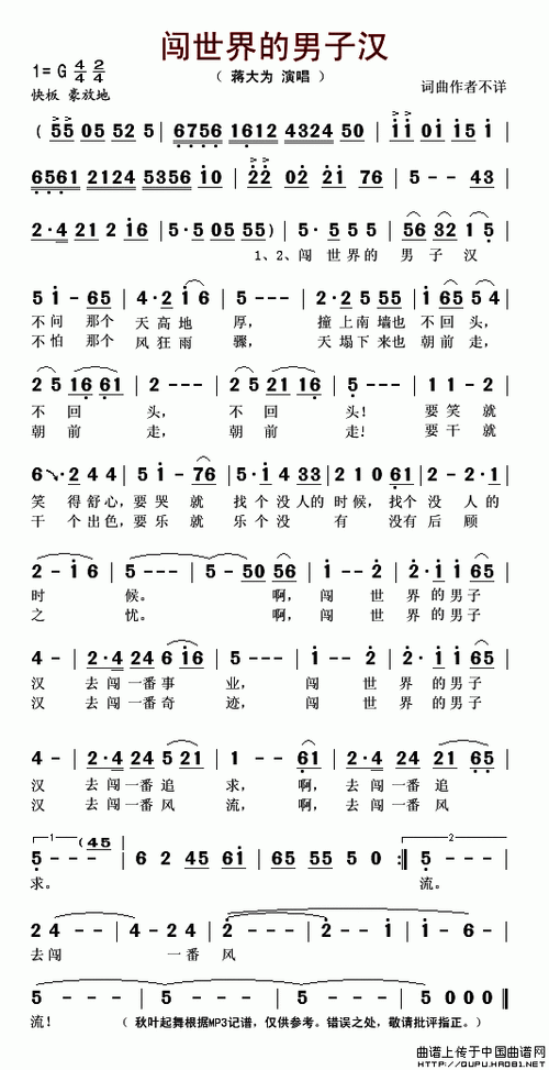 闯世界的男子汉-蒋大为(简谱)