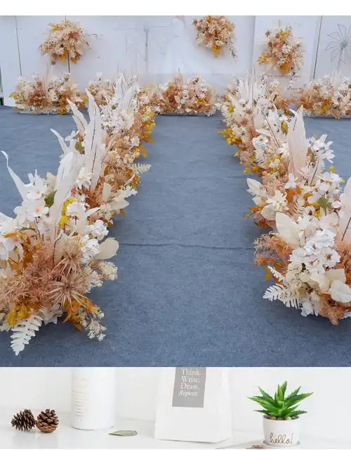 婚庆香槟色婚礼场景装饰花艺背景墙舞台t台布置地排花路引花点花