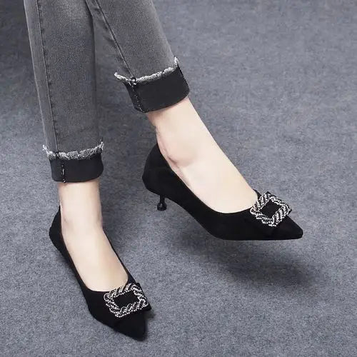 单鞋女2020夏款百搭款新款尖头细跟中跟浅口女鞋夏季一脚蹬真皮鞋