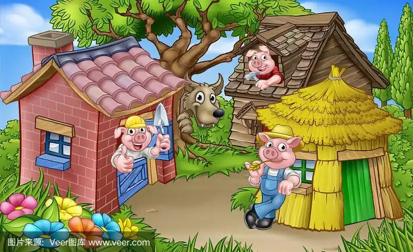 童话故事,三只小猪,都市风光,绘画插图,建筑承包商