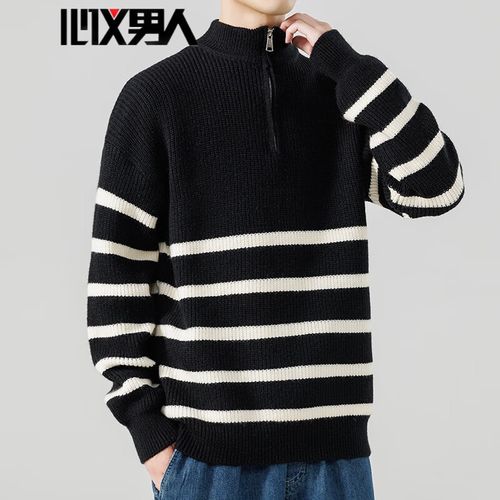 心仪男人新款秋冬款高级慵懒男装宽松大码休闲条纹毛衣外穿半高领针织