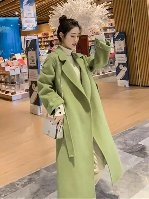 秋冬款女装2021年新款衣服牛油果绿双面羊绒大衣长款风衣毛呢外套