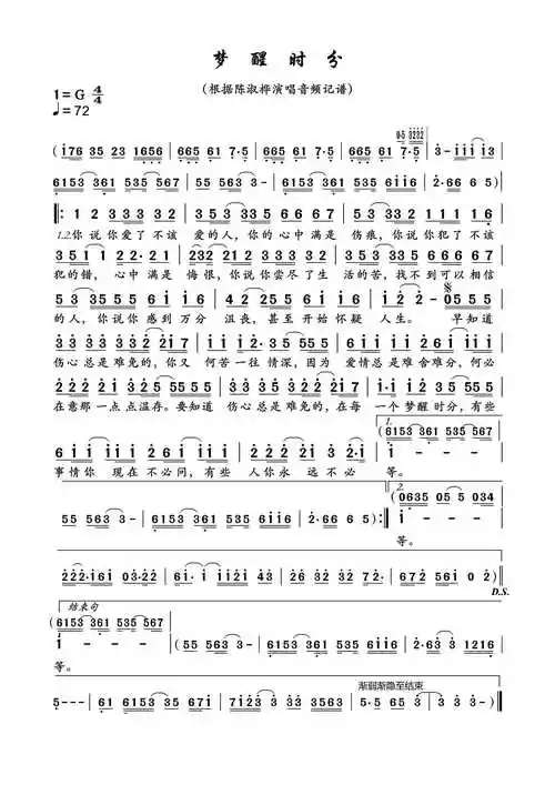梦醒时分简谱-陈淑桦-我没有饮过最烈的酒,但我放弃过最爱的人-钢琴谱