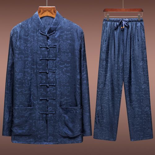 真丝唐装夏季长袖桑蚕丝绸套装爸爸爷爷中老年人唐装