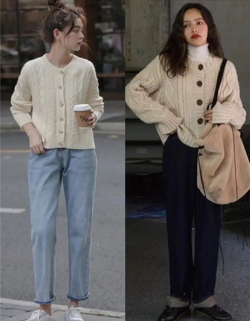 我们还可以"剑走偏锋",避开普通的套头白毛衣,选择对襟设计的针织开衫