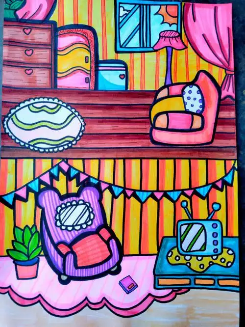 室内儿童画万能背景上色图