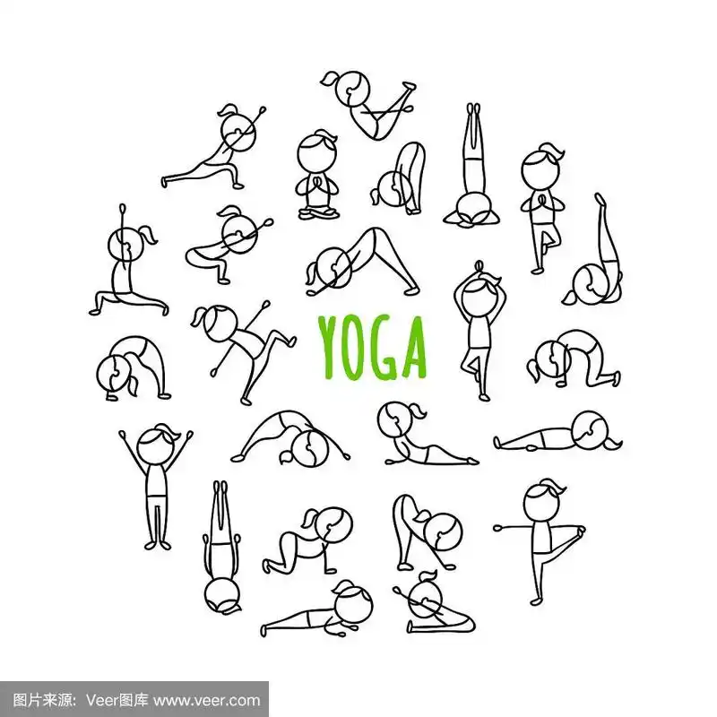 瑜伽的姿势是手绘插图.矢量圆瑜伽概念.运动生活方式轮廓符号