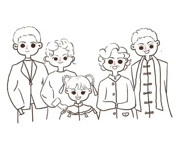 笔刷把人物全家福线条勾勒四口出来画,画全家福照片,画全家福一家九口