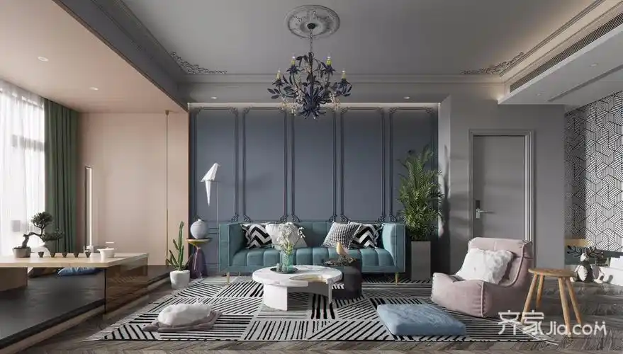 开阔的客厅使用了莫兰迪色系搭配,宽大客厅,华贵与温馨荡漾其中.