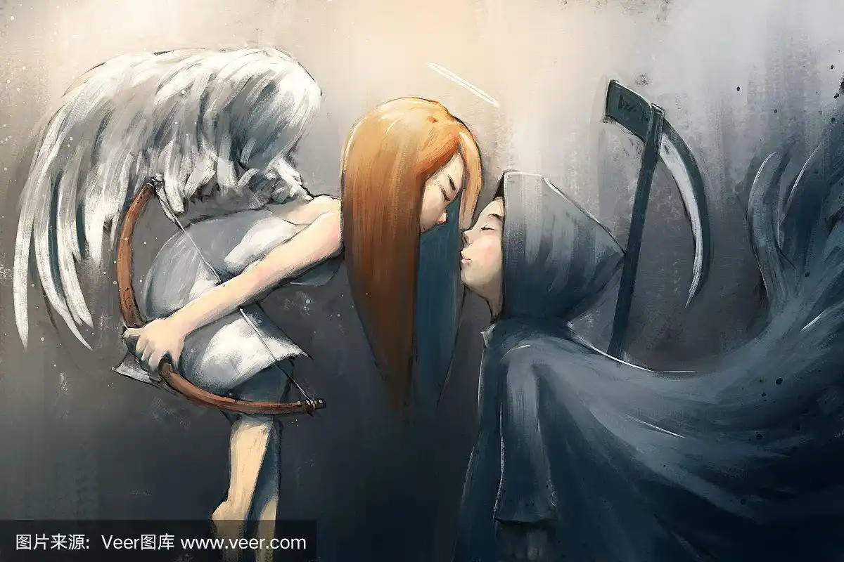 数码画魔鬼与天使之吻,油画上的丙烯质感,讲故事的插图