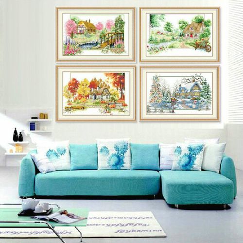 十字绣春夏秋冬四联画梅兰竹菊四季小幅田园卧室风景植物花卉清新