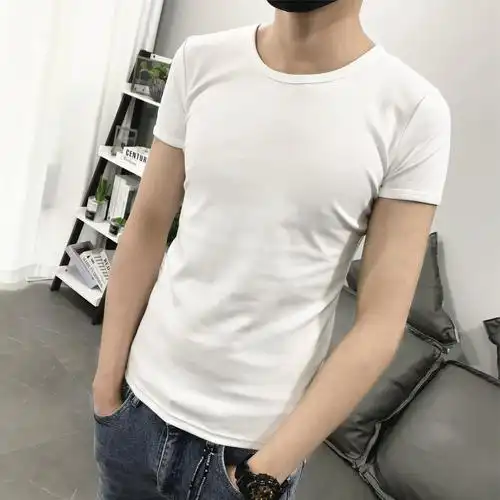 t恤黑白t圆领净版纯色社会小伙快手红人潮男紧身弹力百搭纯棉短袖