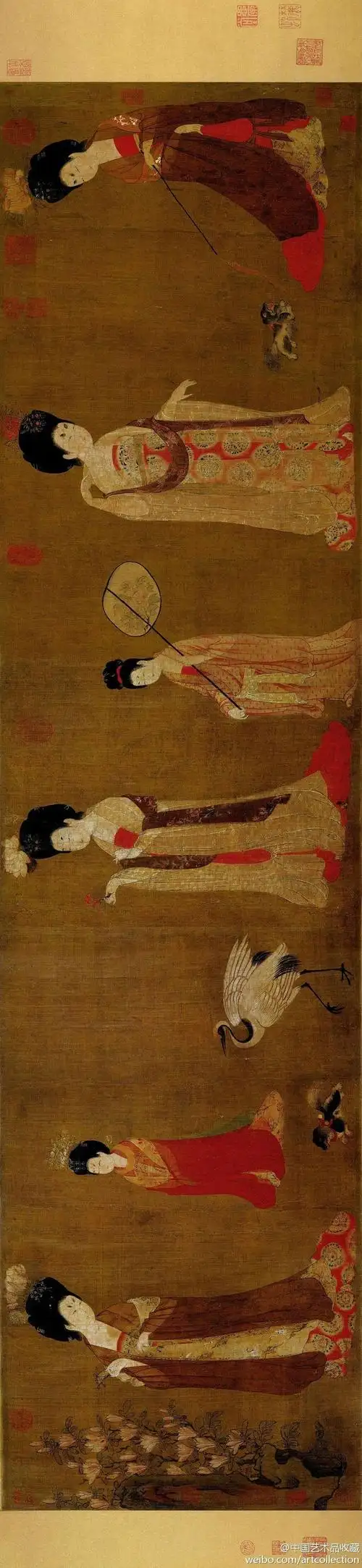 中国十大传世名画之一:《唐宫仕女图》一组五幅(唐代张萱,周昉)