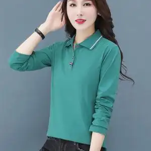 纯棉长袖t恤女春秋中年女士打底衫休闲运动宽松有翻领polo衫上衣t