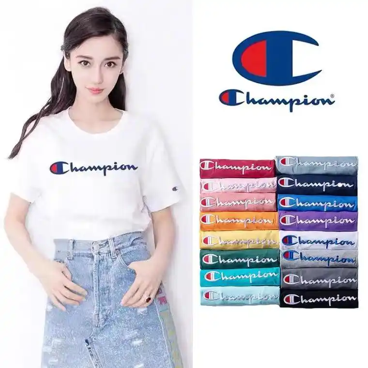 champion冠军明星同款草写logo潮牌男女短袖t恤经典刺绣时尚休闲圆领