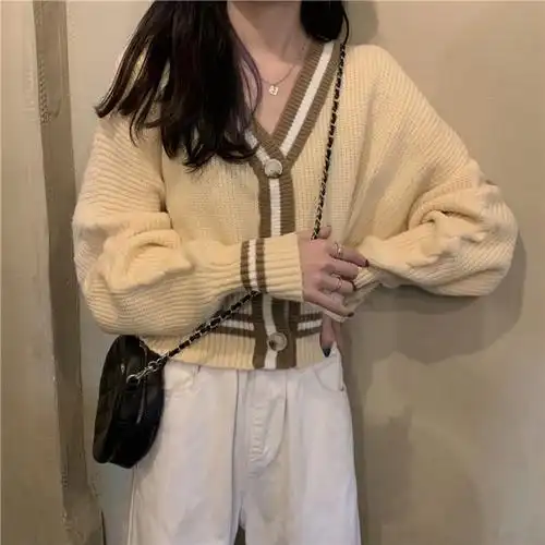 毛衣女秋冬外穿新款v领长袖针织开衫外套女装宽松线衫短款上衣 - 17网