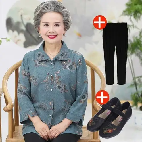 中老年人女装夏装套装老人妈妈棉绸短袖套装夏天绵绸奶奶服装太太