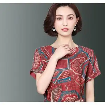 大码真丝桑蚕丝女半袖上衣短袖t恤中老年阔太太小衫薄款洋气t恤 8096