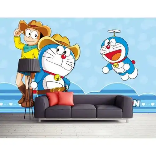 大型壁画布哆啦a梦机器猫蓝色卡通儿童房间卧室背景墙壁纸3d墙纸壹德