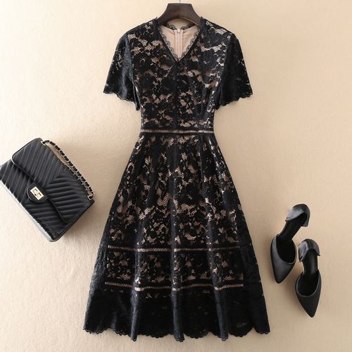 欧美大牌风高端气质女装黑蕾丝裙夏收腰显瘦中长款v领连衣裙短袖