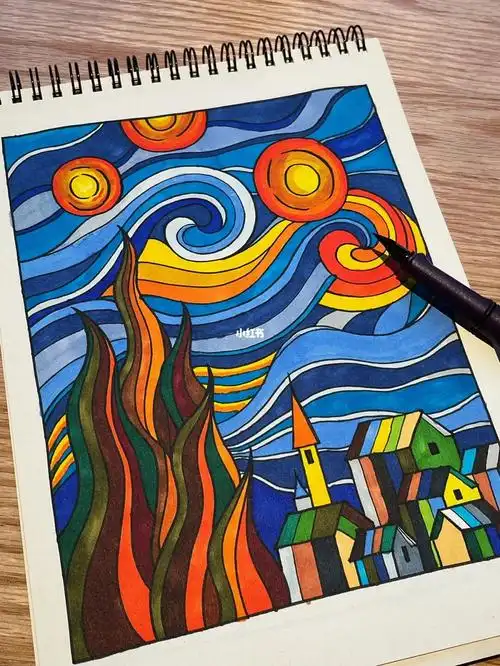 手绘  #梵高  #星空  #简笔画教程  #马克笔  #临摹